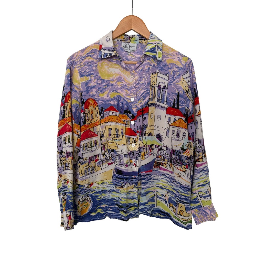 Michael Leu Silk Wearable Art Shirt Mediterranean Harbor Scene Euro Summer M